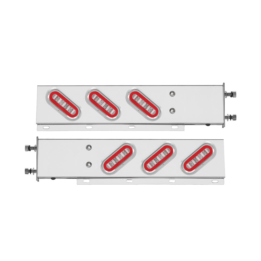 3-3/4" Bolt Pattern Stainless Steel Spring Loaded Bar With 6 x 22 Red LED 6" Oval GloLight &amp; Visor - Clear Lens (Pair)