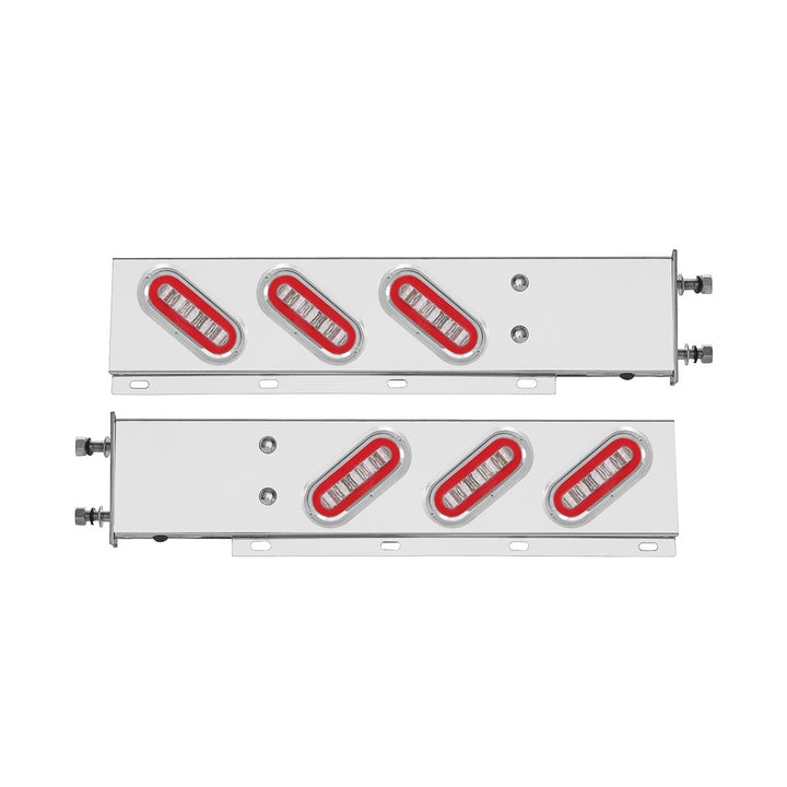 3-3/4" Bolt Pattern Stainless Steel Spring Loaded Bar With 6 x 22 Red LED 6" Oval GloLight &amp; Visor - Clear Lens (Pair)