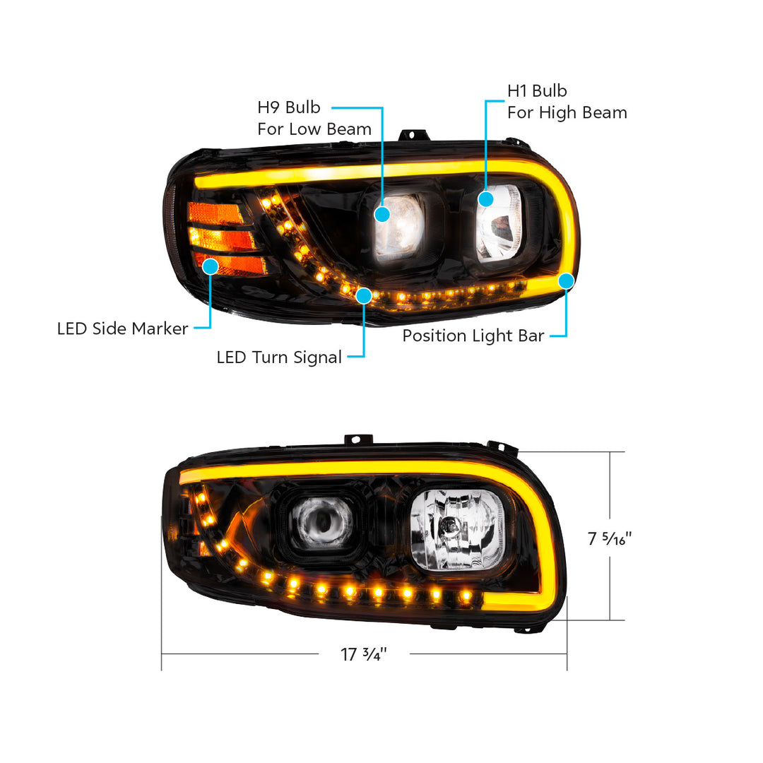 Blackout Projection Headlight With LED Turn Signal &amp; Light Bar For 2008-2024 Peterbilt 389 - Driver