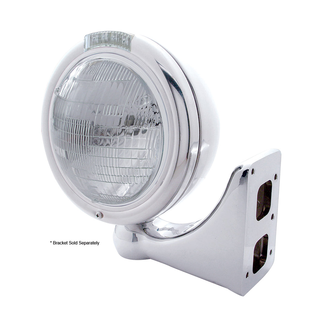 Stainless Steel Classic Headlight 6014 Bulb &amp; LED Turn Signal - Clear Lens