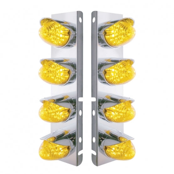 Stainless Steel Front Air Cleaner Bracket With 8 x 19 LED Beehive Lights &amp; Visors For Peterbilt - Amber LED &amp; Lens