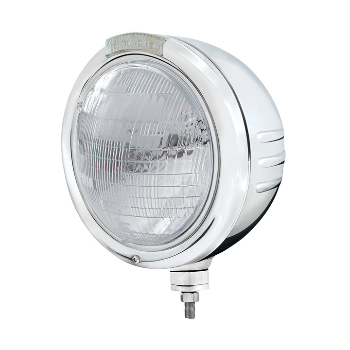 Stainless Steel Classic Embossed Stripe Headlight 6014 &amp; Dual Mode LED Signal - Clear Lens