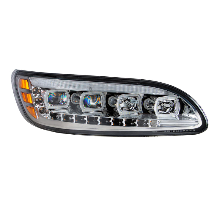 Chrome Quad - LED Headlight With LED DRL &amp; Seq. Signal For 2005-2015 Peterbilt 386 - Passenger