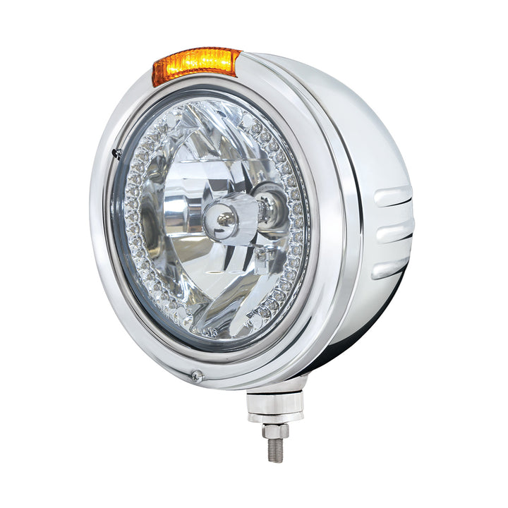 Stainless Steel Bullet Embossed Stripe Headlight H4 With Amber LED &amp; Dual Mode LED Signal - Amber Lens