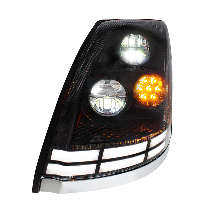 Black LED Headlight With Dual Color LED Light Bars For 2003-2017 Volvo VN/VNL - Driver