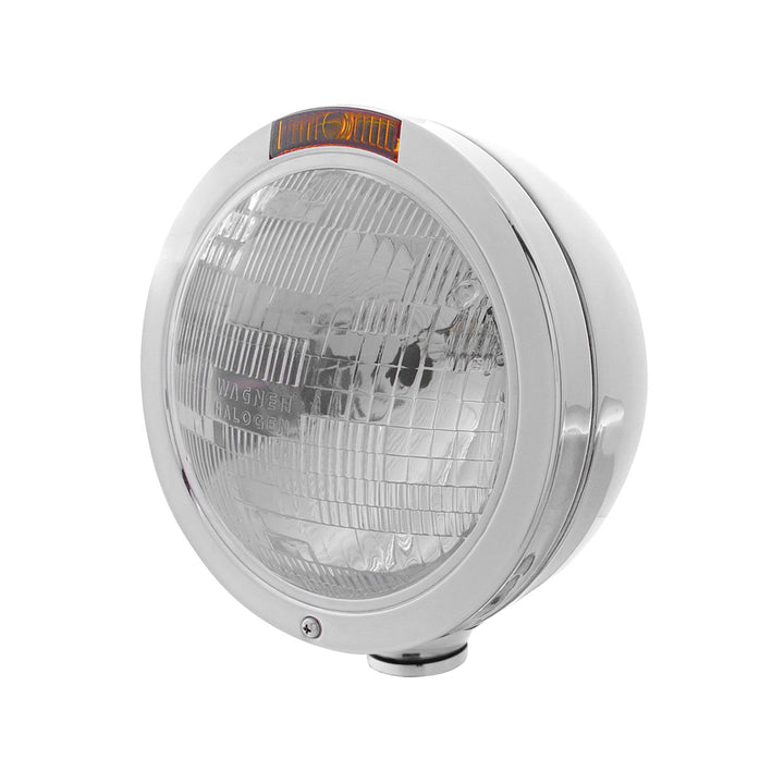 Stainless Steel Bullet Classic Headlight H6024 Bulb &amp; Turn Signal - Amber Lens