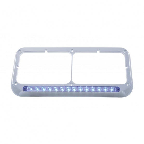 14 LED Chrome Rectangular Dual Headlight Bezel - Blue LED/Clear Lens