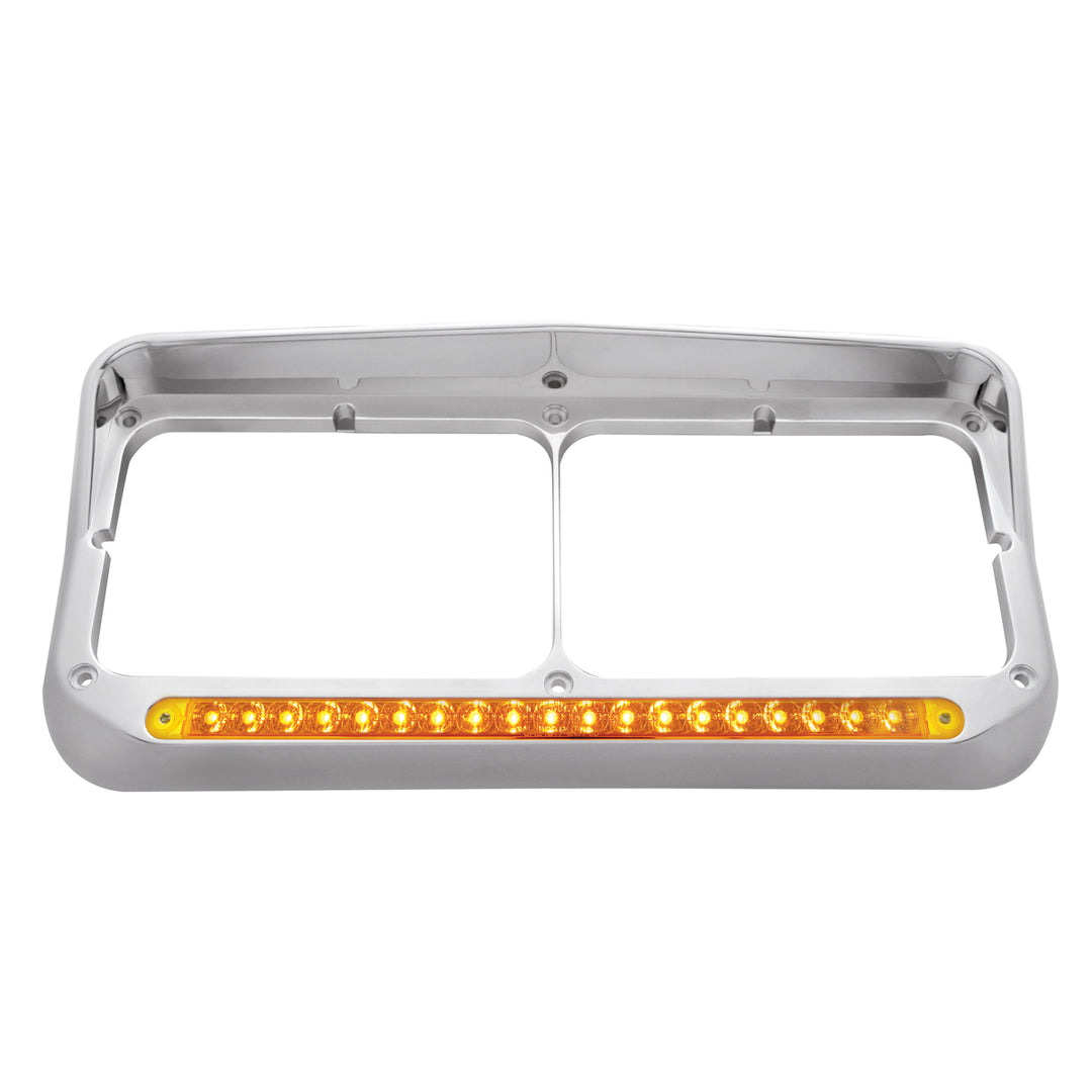 Chrome Rectangular Dual Headlight Bezel With Visor &amp; 19 LED Light Bar - Amber LED/Amber Lens