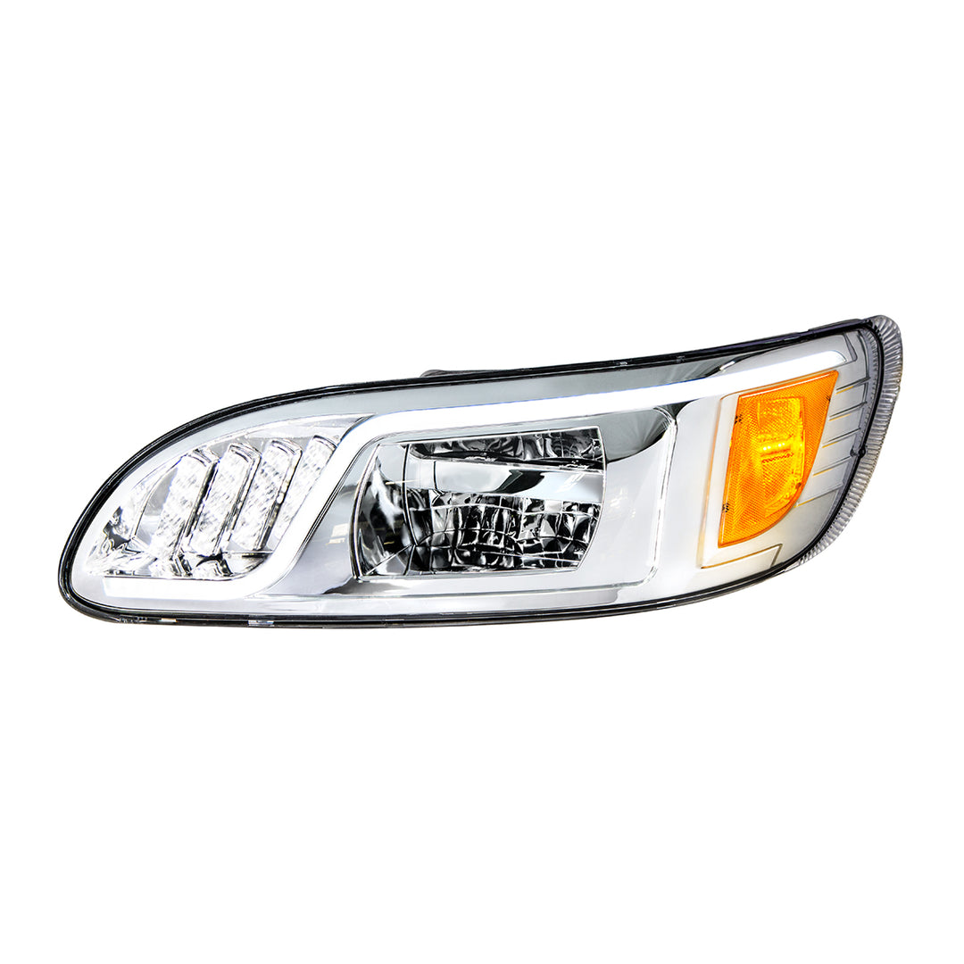 Chrome LED Headlight With LED Turn, Position, &amp; DRL For Peterbilt 386 (2005-2015) &amp; 387 (1999-2010) - Driver