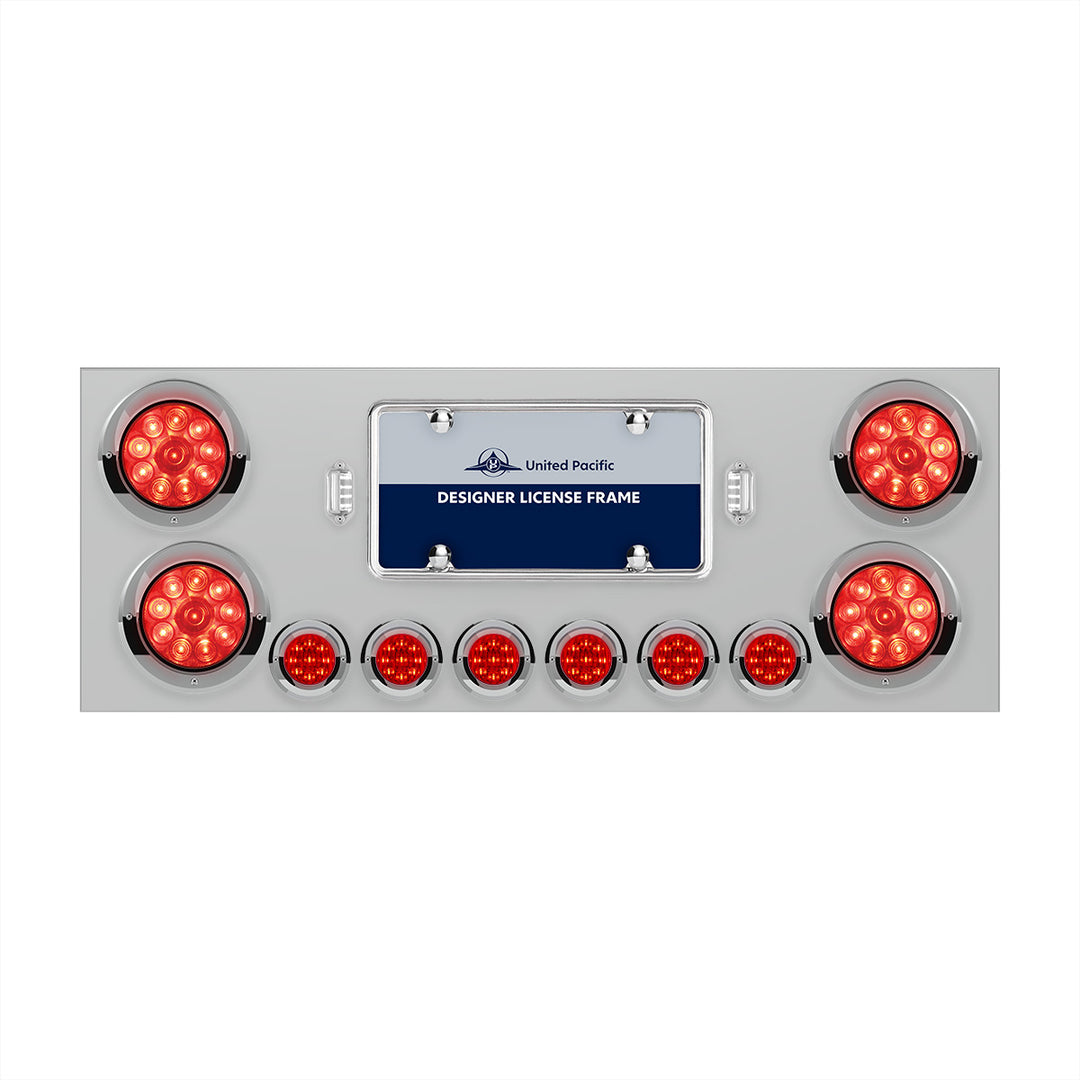 Stainless Steel Rear Center Panel With 4 x 10 LED 4" Lights &amp; 6 x 9 LED 2" Lights &amp; Visors - Red LED &amp; Lens