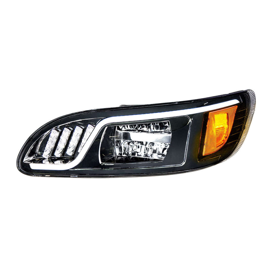 Black LED Headlight With LED Turn, Position, &amp; DRL For Peterbilt 386 (2005-2015) &amp; 387 (1999-2010) - Driver