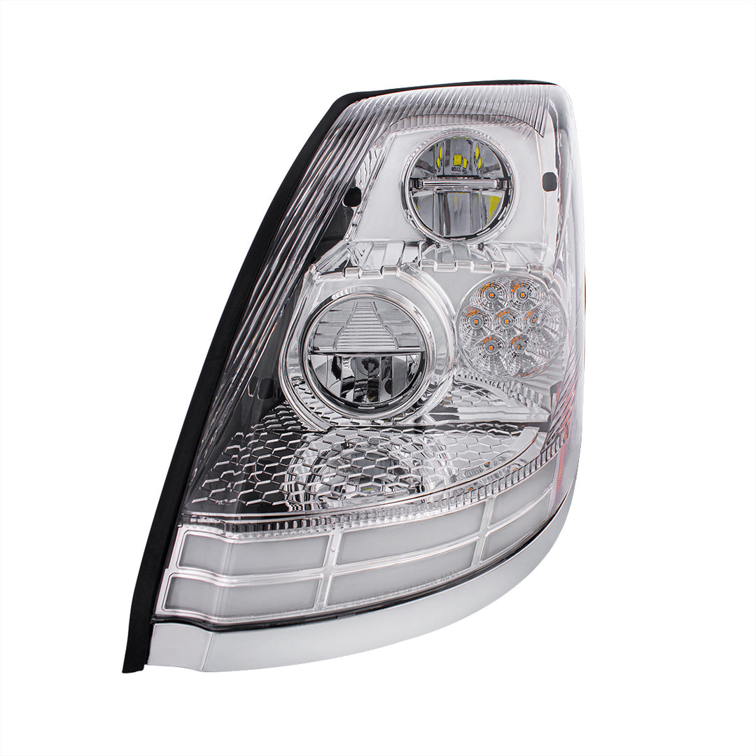 Chrome LED Headlight With Dual Color LED Light Bars For 2003-2017 Volvo VN/VNL - Driver