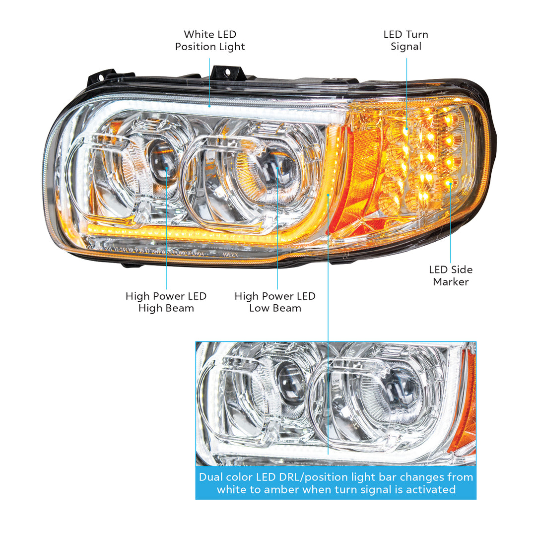 High Power LED Chrome Headlight With 16 LED Turn &amp; 57 LED Bar For 2008-2024 Peterbilt 389 - Passenger