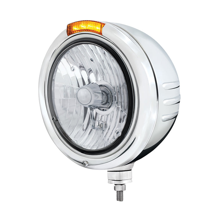 Stainless Steel Classic Embossed Stripe Headlight Crystal H4 &amp; Dual Mode LED Signal - Amber Lens