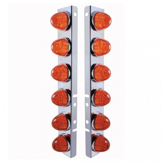 Stainless Steel Front Air Cleaner Bracket With 12X LED Watermelon Lights &amp; Stainless Steel Bezels For Peterbilt - Amber LED/Dark Amber Lens