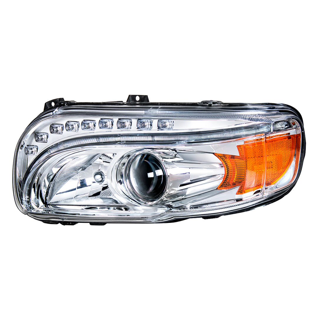 Chrome Projection Headlight With LED Turn &amp; DRL For Peterbilt 389 (2008-2023) &amp; 388 (2008-2015) - Driver