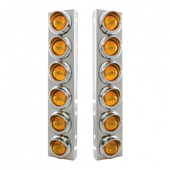 Stainless Steel Front Air Cleaner Bracket With 12 x 9 LED 2" Beehive Lights &amp; Visors For Peterbilt - Amber LED &amp; Lens