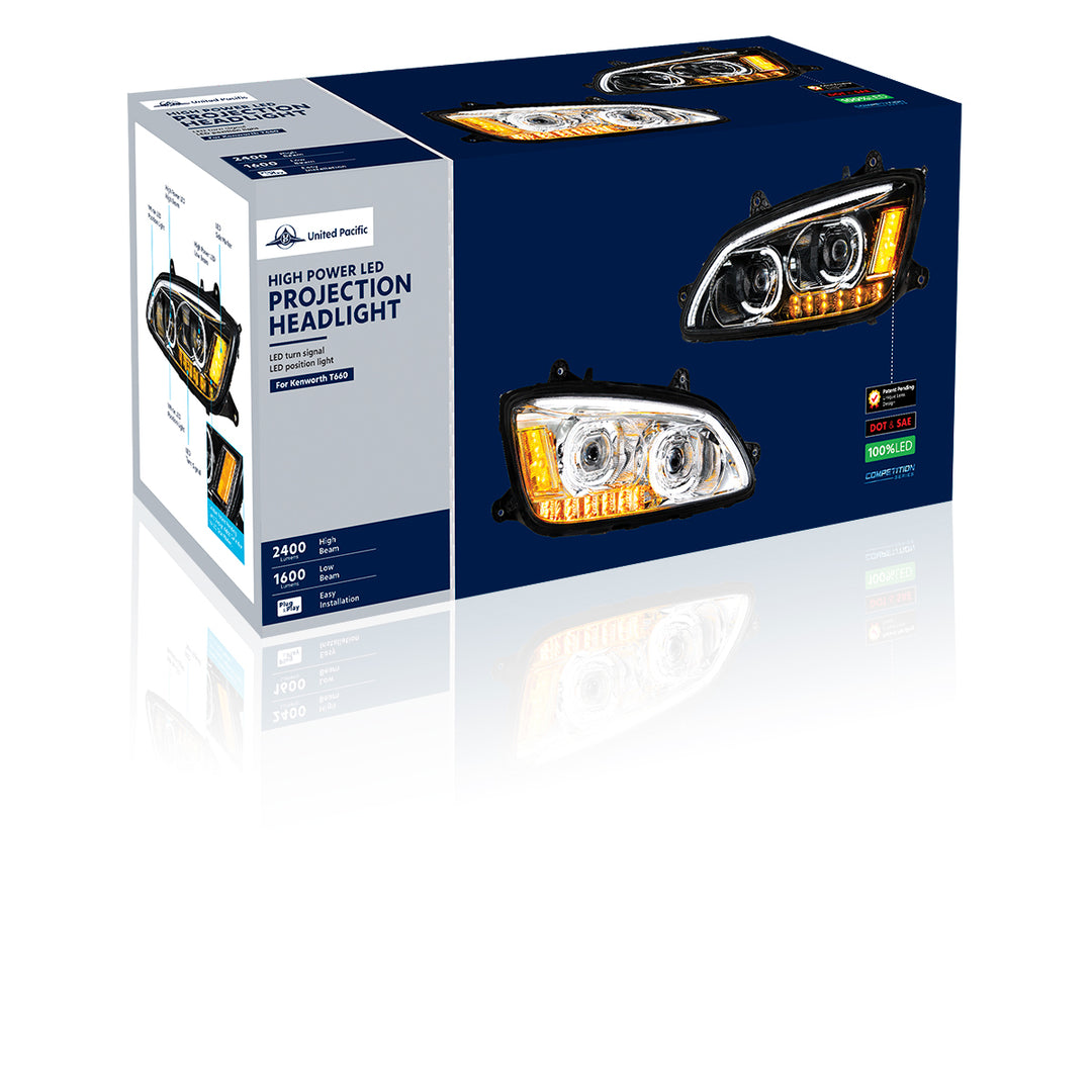 Chrome LED Headlight With LED Turn Signal &amp; LED Position Light Bar For 2008-2017 Kenworth T660 - Passenger