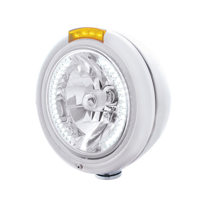 Stainless Steel Classic Headlight H4 With 34 White LED &amp; Dual Mode LED Signal - Amber Lens