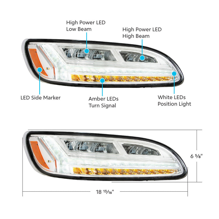 Chrome 6 LED Headlight For Peterbilt 386 (2006-2016) &amp; 387 (2000-2011) - Passenger