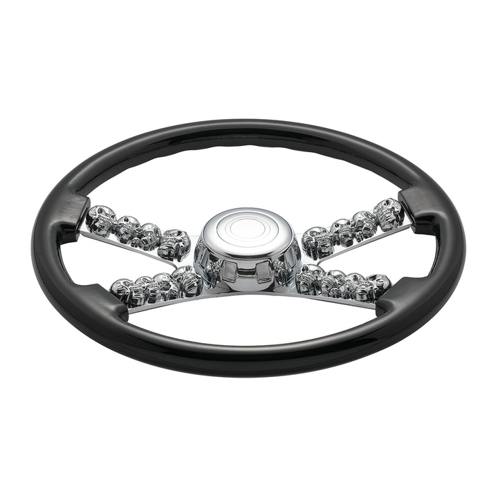 18" Chrome Steering Wheel With Skull Accent - Black