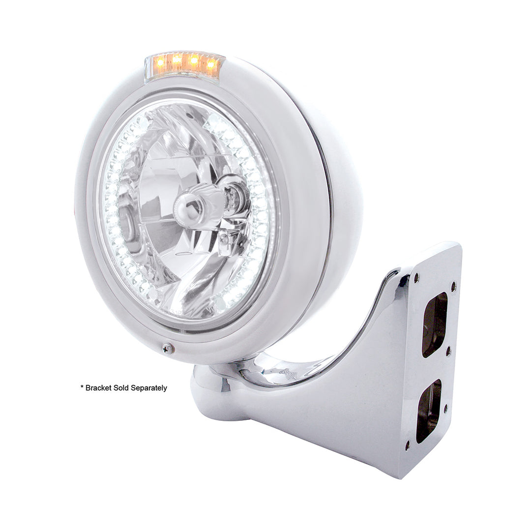 Stainless Steel Classic Headlight H4 With 34 White LED &amp; Dual Mode LED Signal - Clear Lens
