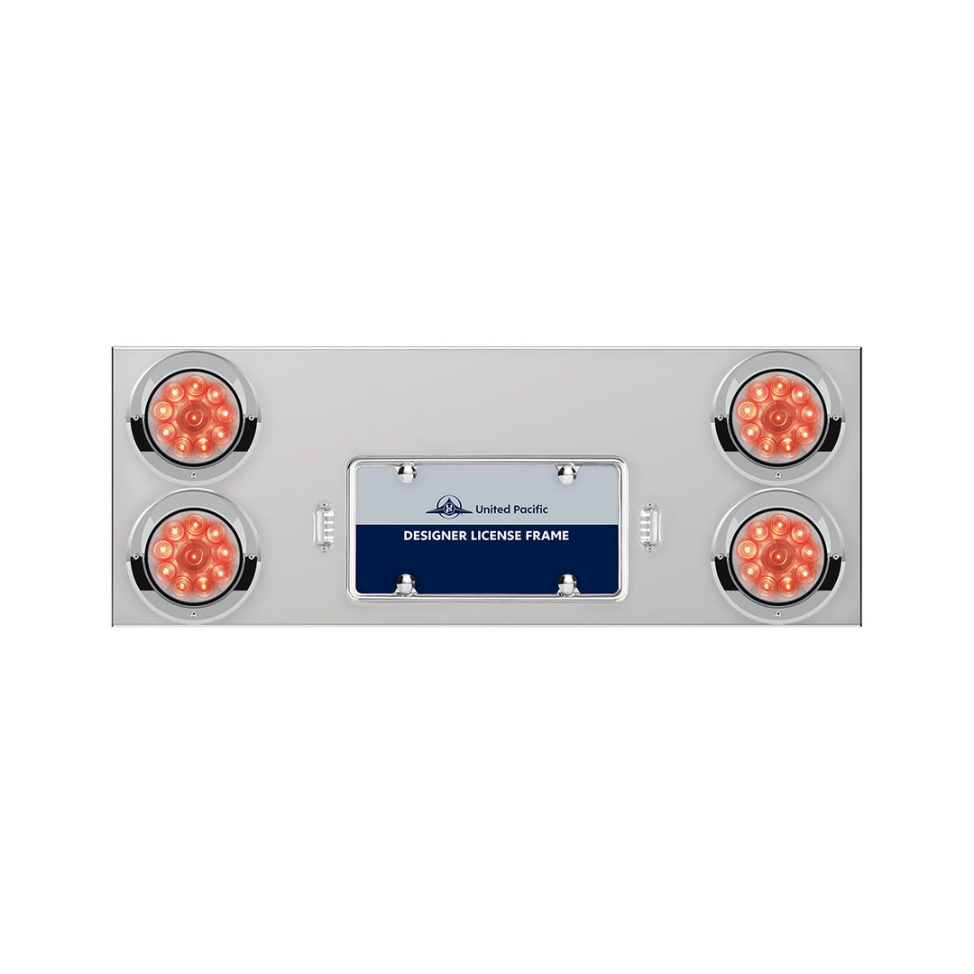 33-3/4" Stainless Rear Center Panel With Four 10 LED 4" Lights &amp; Visors - Red LED/Clear Lens