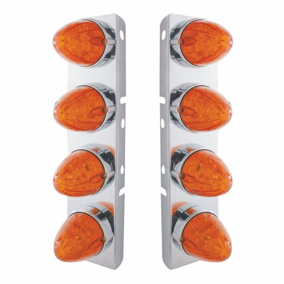 Stainless Steel Front Air Cleaner Bracket With 8 x 19 LED Watermelon Lights &amp; Bezels For Peterbilt - Amber LED/Dark Amber Lens