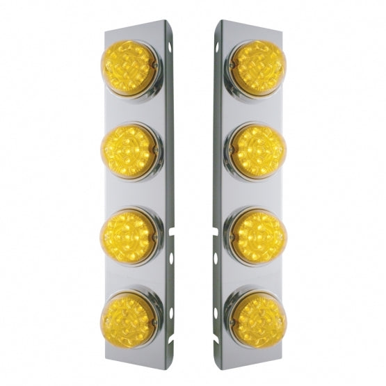 Stainless Steel Front Air Cleaner Bracket With 8 x 17 Amber LED Reflector Lights &amp; Stainless Steel Bezels For Peterbilt - Amber Lens