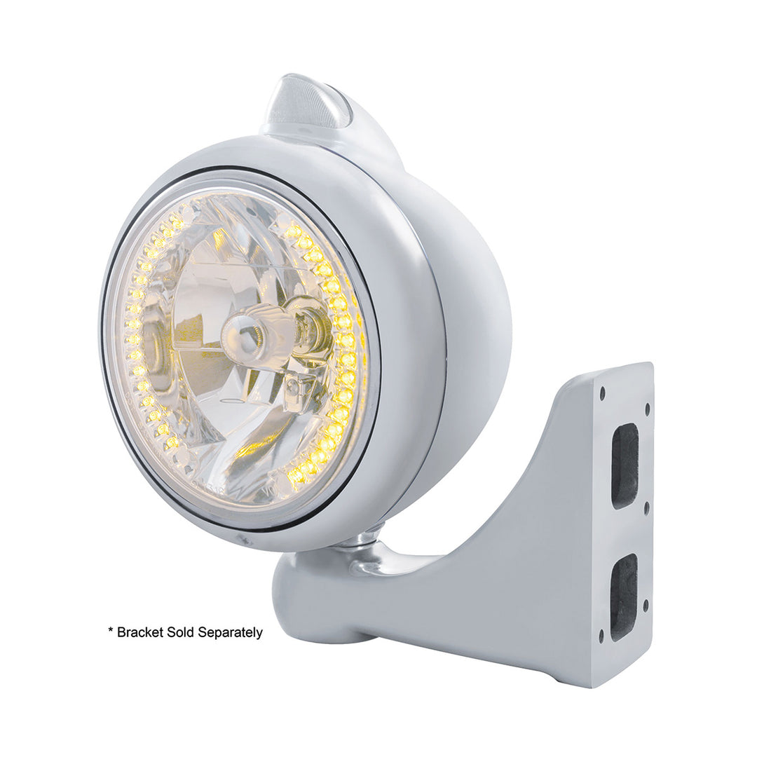 Stainless Steel Guide 682-C Headlight H4 With Amber LED &amp; Original Style LED Signal - Clear Lens