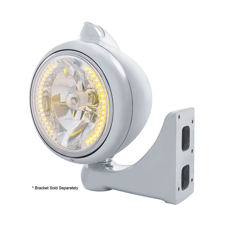 Stainless Steel Guide 682-C Headlight H4 With Amber LED &amp; Original Style LED Signal - Clear Lens