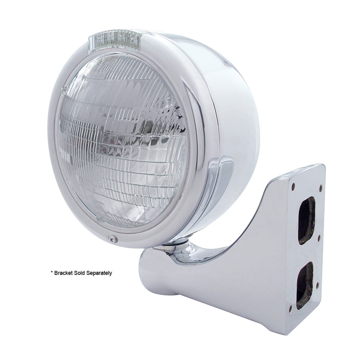 Stainless Steel Classic Half Moon Headlight 6014 Bulb &amp; LED Turn Signal - Clear Lens