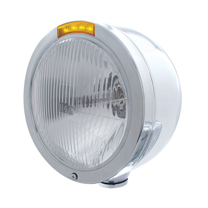 Stainless Steel Bullet Half Moon Headlight H4 Bulb &amp; LED Turn Signal - Amber Lens