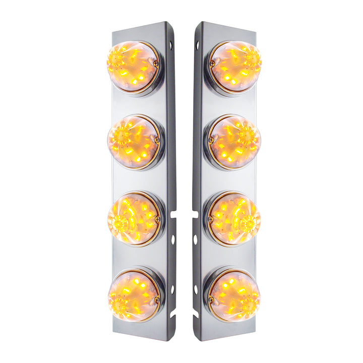 Stainless Steel Front Air Cleaner Bracket With 8 x 17 LED Watermelon Lights &amp; Stainless Steel Bezels For Peterbilt - Amber LED/Clear Lens (Pair)