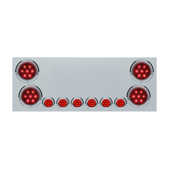 Stainless Steel Rear Center Panel With 4X Red LED 4" Light &amp; 6X Red LED 2" Light &amp; Bezel - Red Lens (No LP Holes) - CS