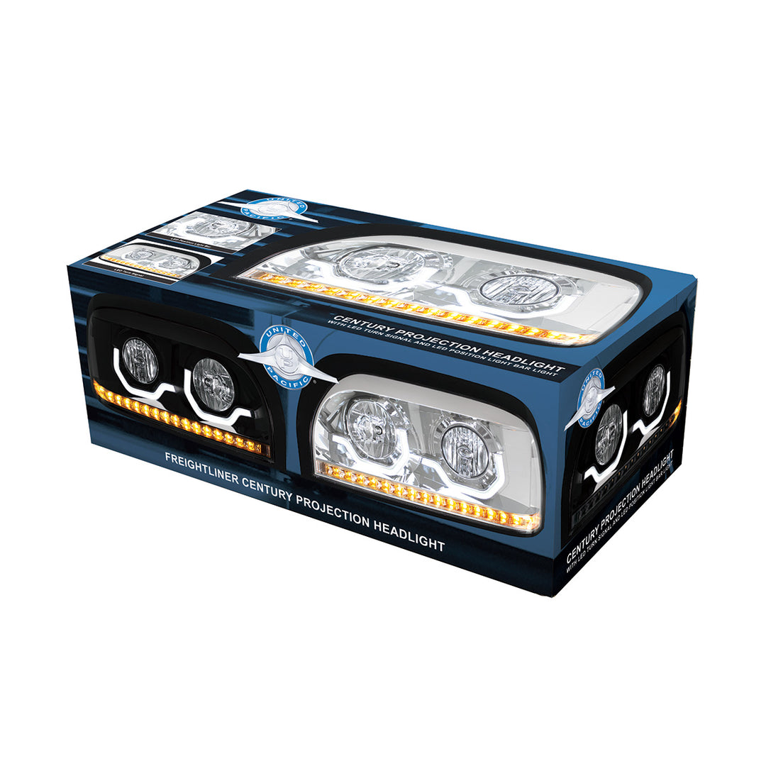 Chrome Headlight With LED Turn Signal &amp; Light Bar For 1996-2010 Freightliner Century - Passenger