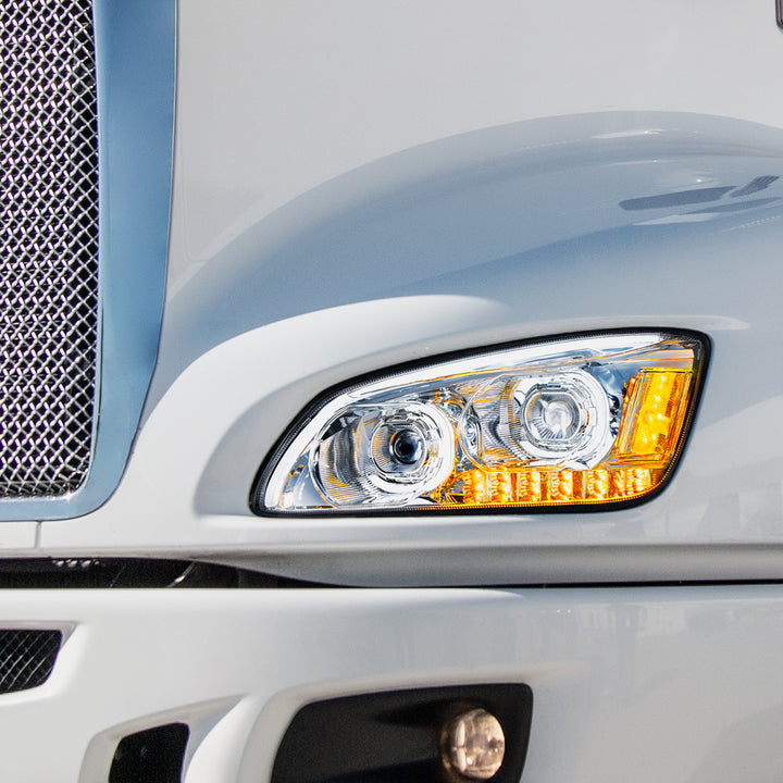 Chrome LED Headlight With LED Turn Signal &amp; LED Position Light Bar For 2008-2017 Kenworth T660 - Driver