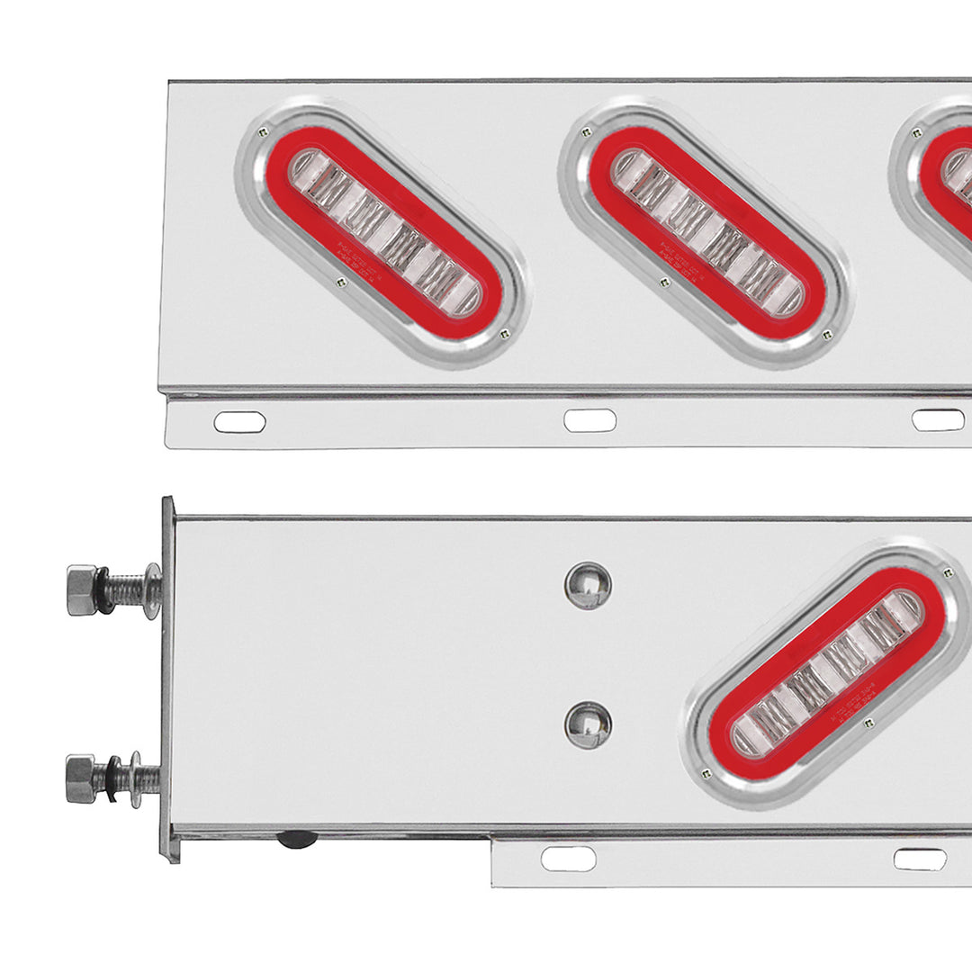 3-3/4" Bolt Pattern Stainless Steel Spring Loaded Bar With 6 x 22 Red LED 6" Oval GloLight &amp; Visor - Clear Lens (Pair)