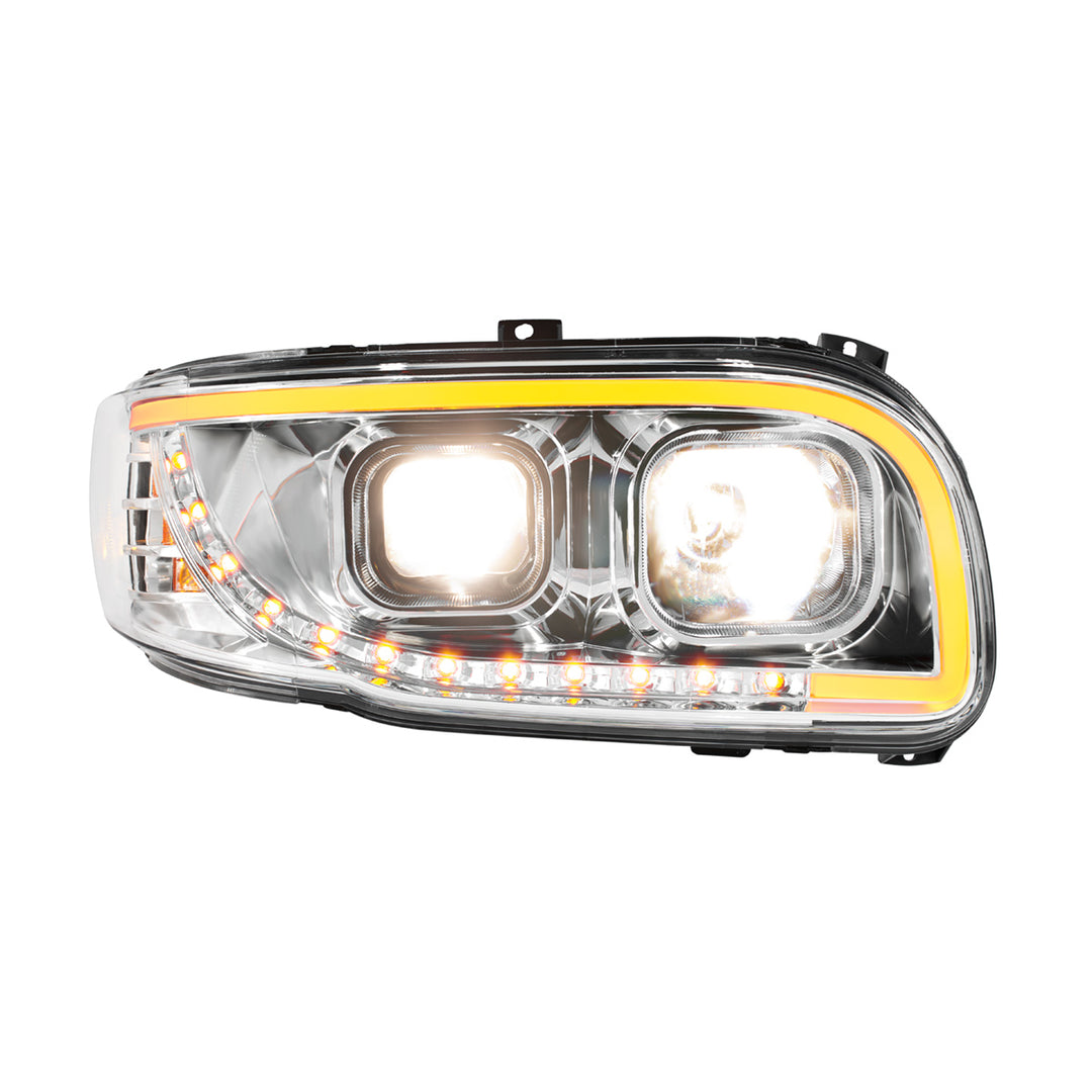 Chrome Projection Headlight With LED Turn Signal &amp; Light Bar For 2008-2024 Peterbilt 389 - Passenger