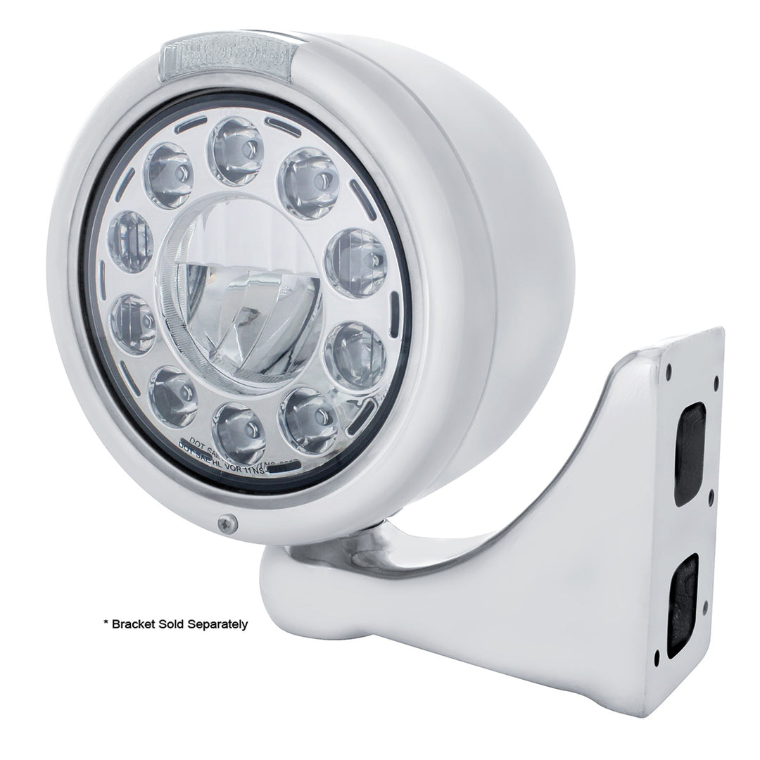 Stainless Classic Half Moon Headlight 11 LED Bulb &amp; Dual Mode LED Signal - Clear Lens
