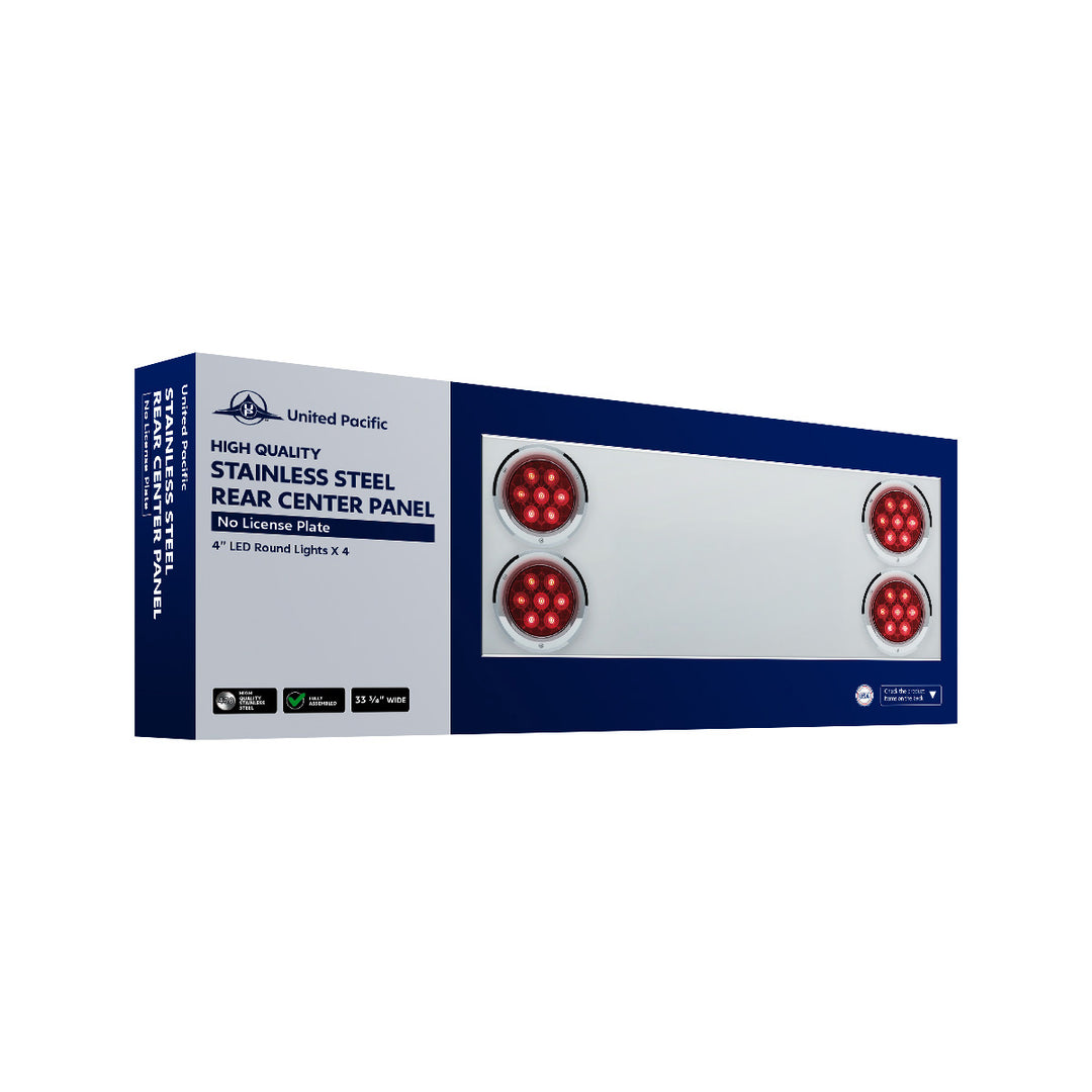 33-3/4" Stainless Rear Center Panel With Four 7 LED 4" Light &amp; Bezel (No LP Holes) - Red LED/Clear Lens - CS