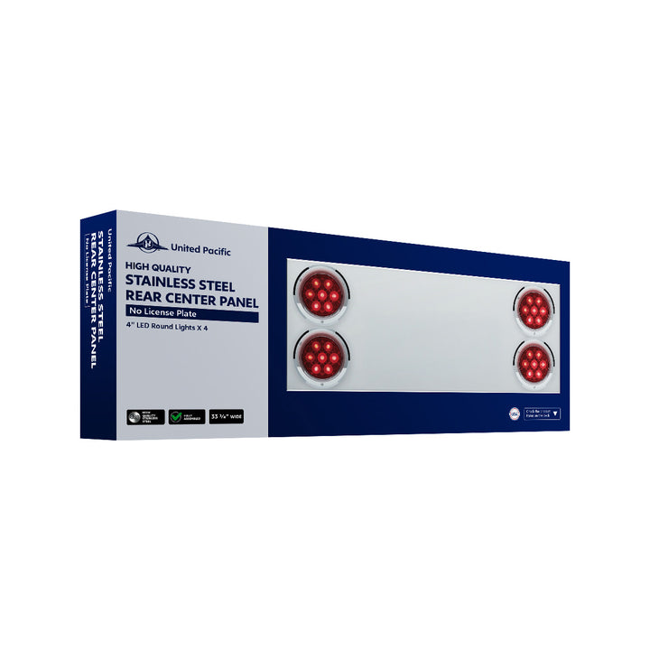 33-3/4" Stainless Rear Center Panel With Four 7 LED 4" Light &amp; Bezel (No LP Holes) - Red LED/Clear Lens - CS