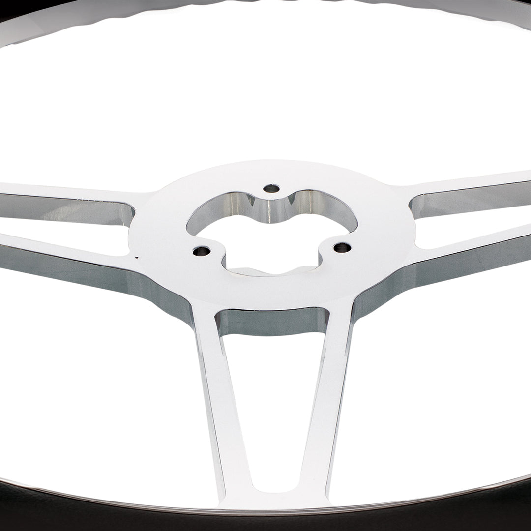 18" Chrome Aluminum "3 - Spoke" Style Steering Wheel With Black Leather Rim