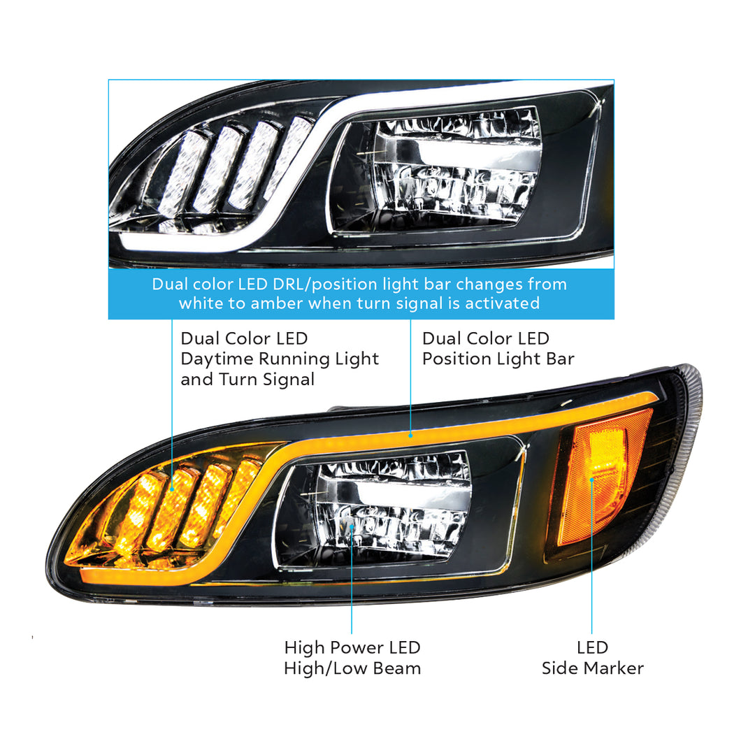 Black LED Headlight With LED Turn, Position, &amp; DRL For Peterbilt 386 (2005-2015) &amp; 387 (1999-2010) - Driver