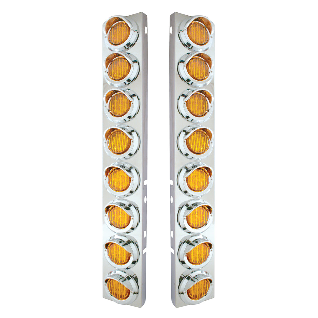 Stainless Steel Front Air Cleaner Bracket With 16 x 9 LED 2" Lights &amp; Visors For Peterbilt - Amber LED &amp; Lens