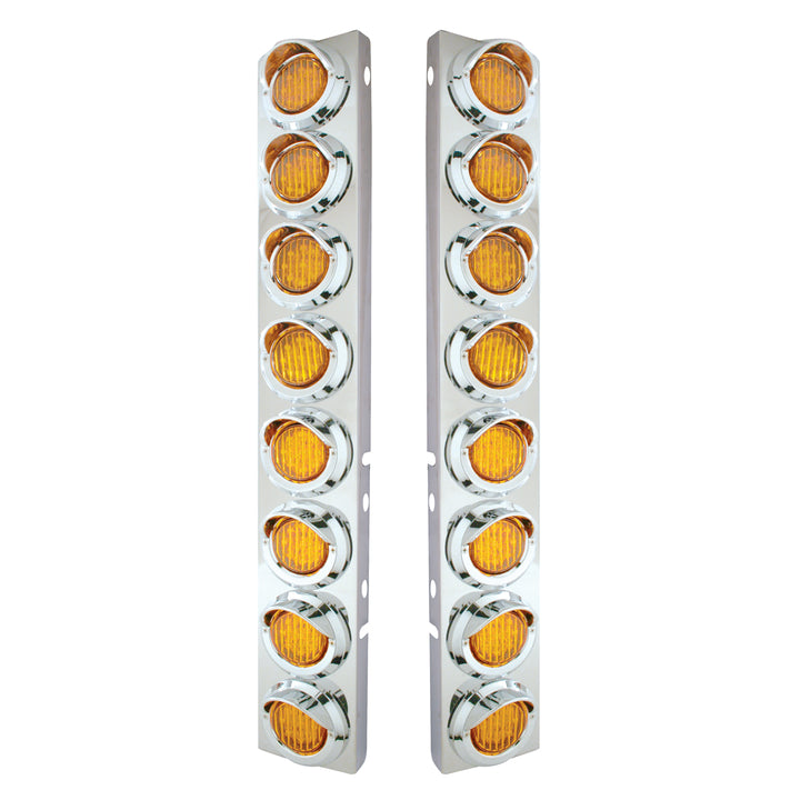 Stainless Steel Front Air Cleaner Bracket With 16 x 9 LED 2" Lights &amp; Visors For Peterbilt - Amber LED &amp; Lens