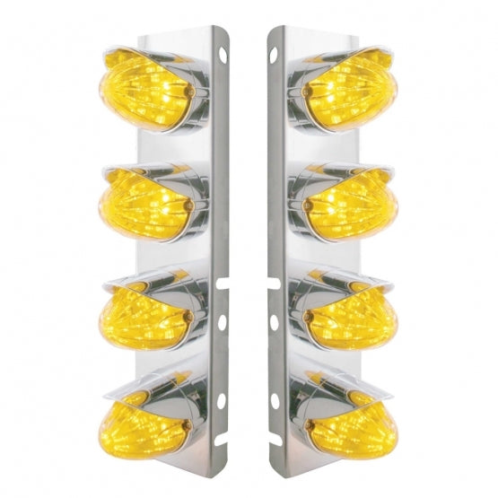 Stainless Steel Front Air Cleaner Bracket With 8 x 19 LED Watermelon Lights &amp; Visors For Peterbilt - Amber LED &amp; Lens