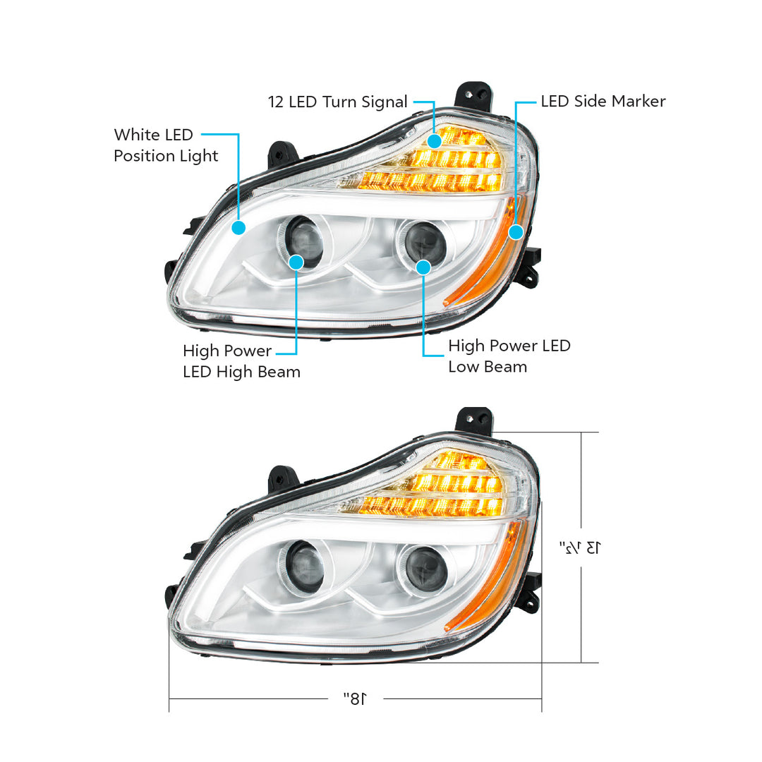 Chrome 8 LED Projection Headlight For 2013-2021 Kenworth T680 - Driver
