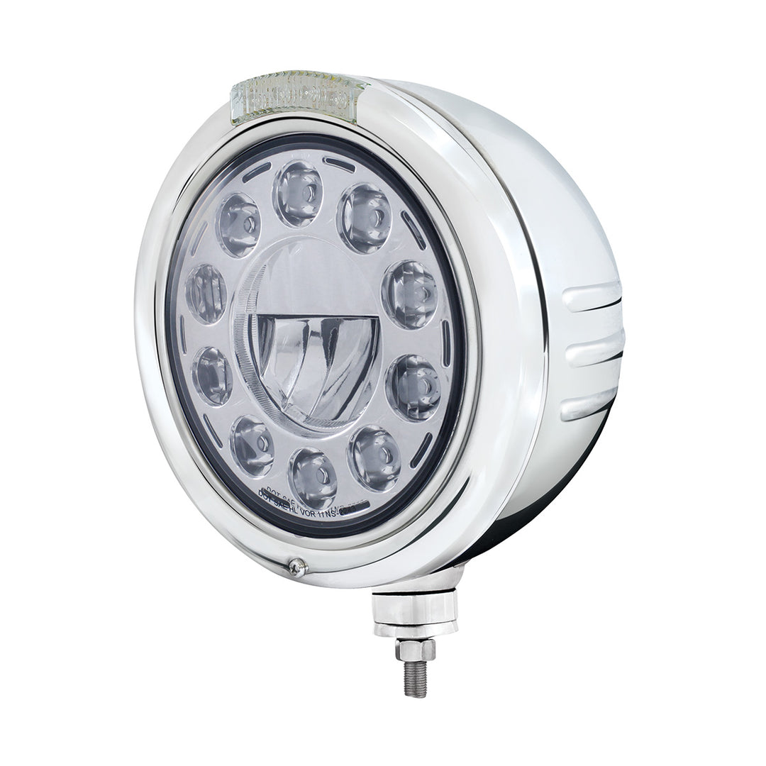 Stainless Steel Classic Embossed Stripe Headlight 11 LED Bulb &amp; Dual Mode LED Signal - Clear Lens