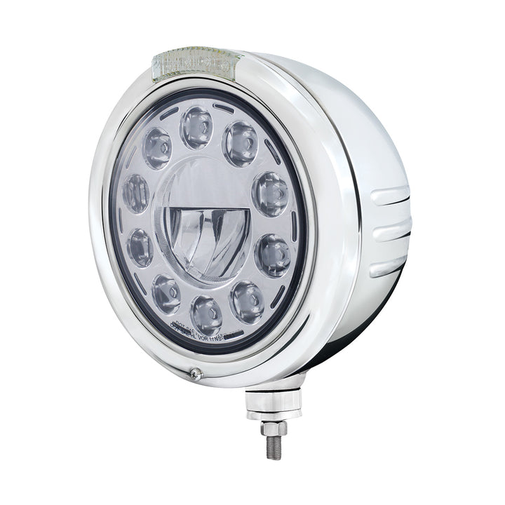 Stainless Steel Classic Embossed Stripe Headlight 11 LED Bulb &amp; Dual Mode LED Signal - Clear Lens
